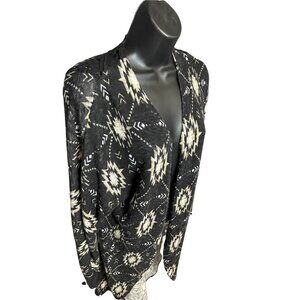 Xhilaration Womens Open-Front Cardigan M Black Aztec Print Lace-Back Long Sleeve